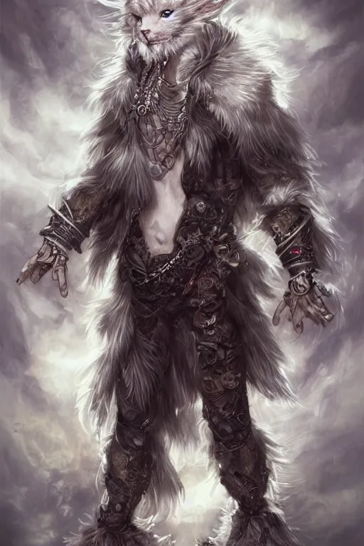 Prompt: beautiful full body portrait of a human - fluff hybrid male wizard, scaley!! white feathery skin, wearing ornaments and rings, by wlop and artgerm, steampunk fiction, detailed deep black eyes, silver background, trending, on artstation.