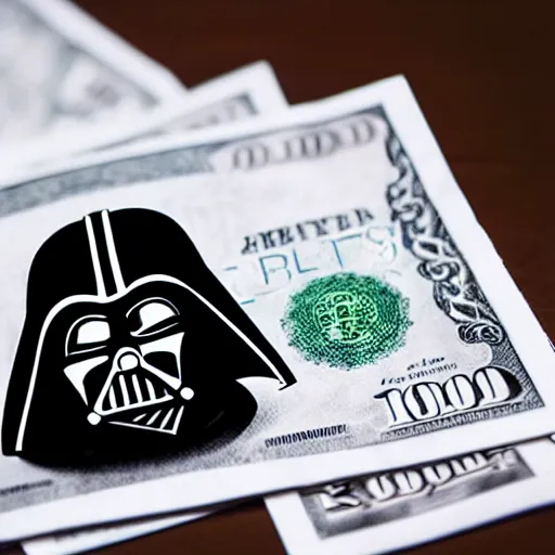 Image similar to Darth counting stacks of Money