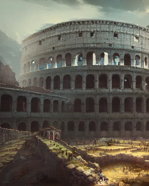 Image similar to roman colosseum by peter mohrbacher and dan mumford and nekro, cgsociety, volumetric light, 3 d render