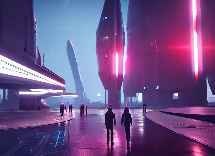 Prompt: a futuristic colony, blade runner 2 0 4 9 city architecture, spacex starship rocket launch site, environmental lighting, stromy weather, ray tracing, people walking in street, amazing view, futuristic, highly detailed, heavy traffic, neon shops, octane render, unreal engine 5, 4 k