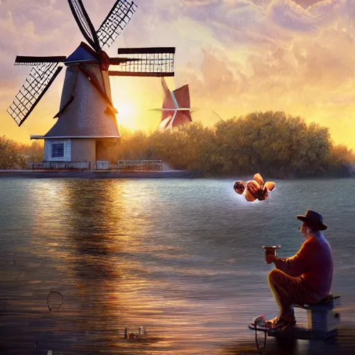 Prompt: dutch man fishing for croissants while eating a croissant with windmill in the background, high detail, elegant, digital painting, cinematic lighting, vibrant, intricate, textured skin, highly detailed, artstation, sharp, focus, hdr, unreal engine 5, breathtaking, illustration, anna dittmann, ilya kuvshinov, nikolay makovsky