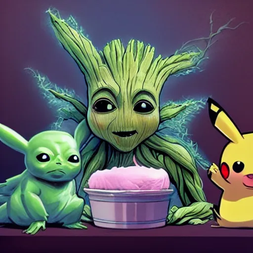 Prompt: Groot and baby Yoda eating an ice cream. In the back we see Pikachu, very detailed and beautiful lighting !highly detalied, 8k, artstation, by Rolf Armstron