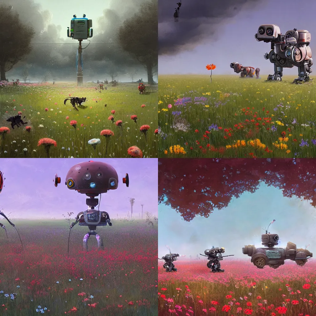 Prompt: a beautiful detailed matte painting of robot dogs playing in a field of flowers Simon Stålenhag, Jakub Różalski