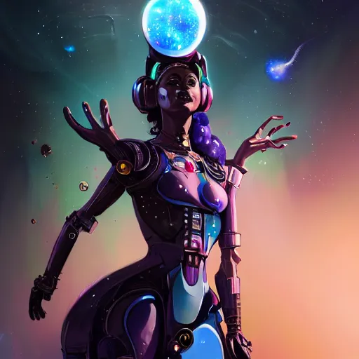 Image similar to fashion photoshoot of Adhel Bol in space suit, beautiful cybernetic queen, black woman, epic cosmos and nebula in the background, cyberpunk concept art by pete mohrbacher and wlop and artgerm josan gonzalez and syd mead, digital art, highly detailed, intricate, sci-fi, sharp focus, Trending on Artstation, unreal engine 5, 4K UHD image