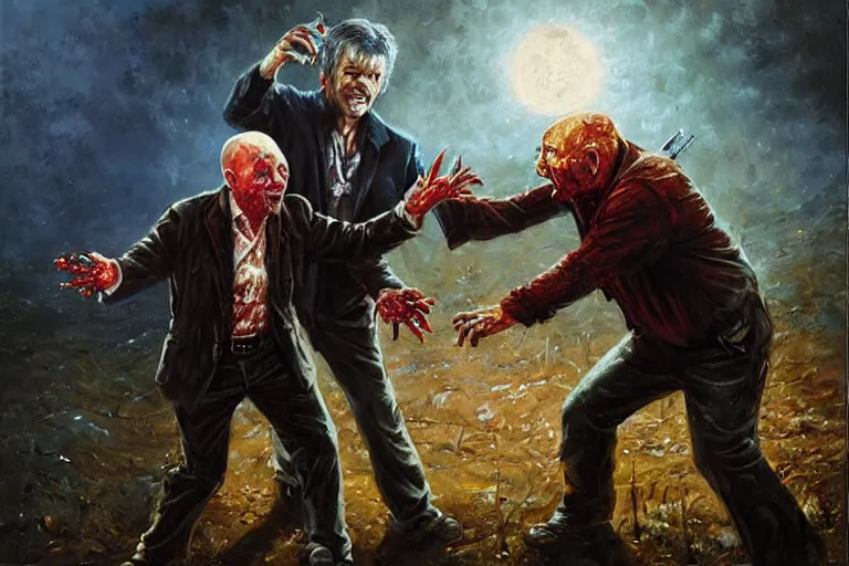 Prompt: portrait of tom atkins and donald pleasents fighting a zombie, an oil painting by ross tran and thomas kincade