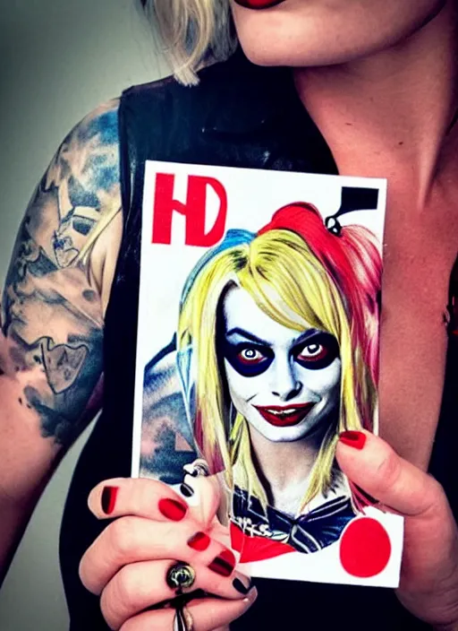 Prompt: tattoo of margot robbie as harley quinn with a sexy look, holding an ace card, abstract edges, in the style of den yakovlev