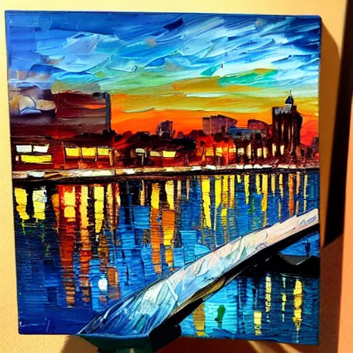 Image similar to palette knife oil painting of downtown portland at dusk