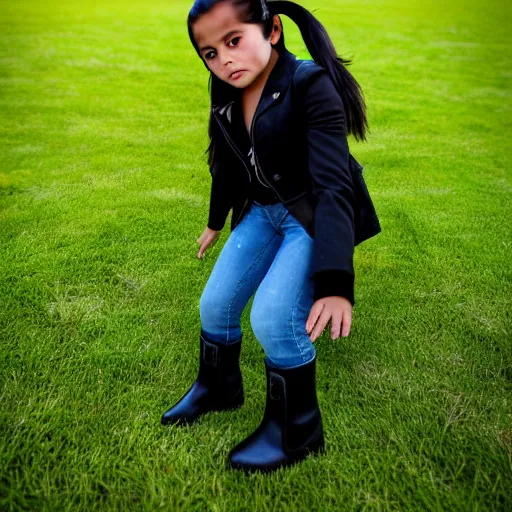 Prompt: a seven years old latin girl plays on a great green meadow, she wears a black jacket, jeans and black boots, she has two ponytails, photo taken by a nikon, highly detailed, sharp focus