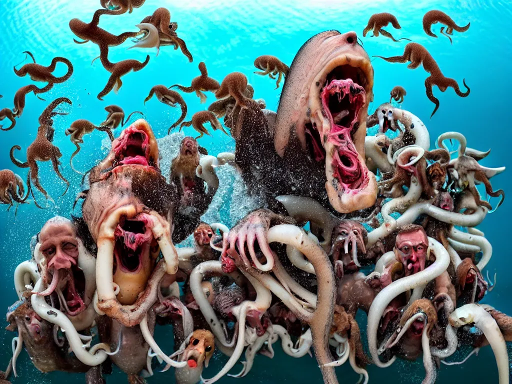 Image similar to a photograph of a screaming man in the ocean swarmed by squids, dogs, baboons, and squirrels, the man's mouth is stuffed with bones and the water foams all over the gaff