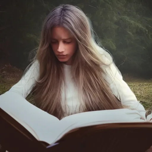 Prompt: 85mm beautiful girl reading a book, hair flowing down, by Emmanuel Lubezki