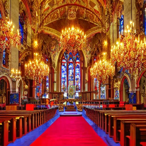 Image similar to a church with a red carpet and chandeliers, a colorized photo by pacita abad, shutterstock contest winner, baroque, sanctuary, ornate, colorized