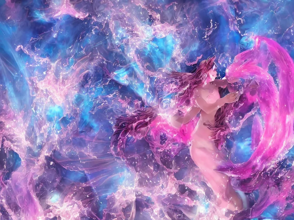 Image similar to Blue and pink fairy floss clouds in ice cream cones that explode into fire crackers and then the fire cracker sparkles settle into lines of cocaine and a dragon snorts a line and breathes fire that melts into acid and drips into a beaker that a mermaid drinks and then she turns into a demon mermaid and starts to glow