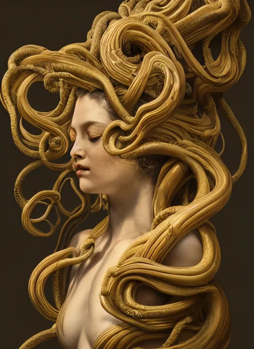 Image similar to medusa made of wax, wooden art nouveau swirls, strong subsurface scattering, cables, tubes, subsurface scattering, in the style of ruan jia and donato giancola and giger, subsurface scattering, mystical colors, rim light, dramatic lighting, 8 k, stunning scene, raytracing, octane render, trending on artstation
