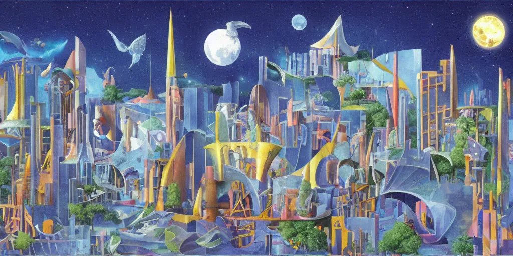 Image similar to fantasy city with moon by STEVEN HOLL trending on artsation