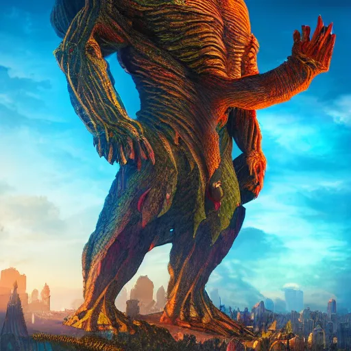 Prompt: giant creature with a city on top of his shoulders, ultra detailed, well composed, epic, beautiful colors, 8 k