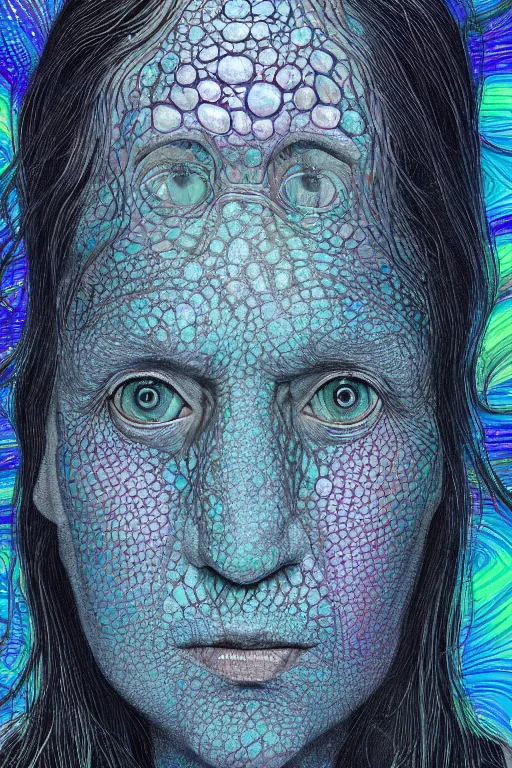 Prompt: dark underwater portrait of one Bioluminescent old woman, with cracked reaction diffusion semi-transparent skin. multicolored fish scales, face closeup. long dark hair. good face proportions. with many jellyfishes. intricate, very detailed, illustration, by alex grey and Moebius