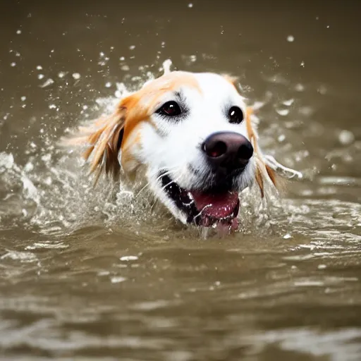 Image similar to Photorealistic photograph of a dog splashing in a puddle, photorealism, photorealistic, realism, real, highly detailed, ultra detailed, detailed, depth of field, shutter speed 1/1000, 200mm Focal Length, Canon EOS R7