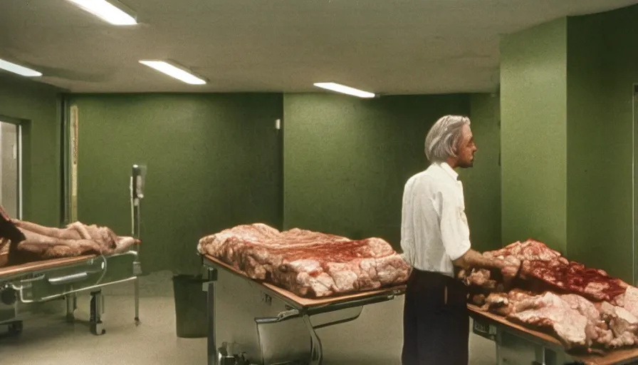 Image similar to 70s movie still of a ill skinny old man with meat clothes in a green wall hospital, eastmancolor, heavy grain, high quality, higly detailed, liminal space