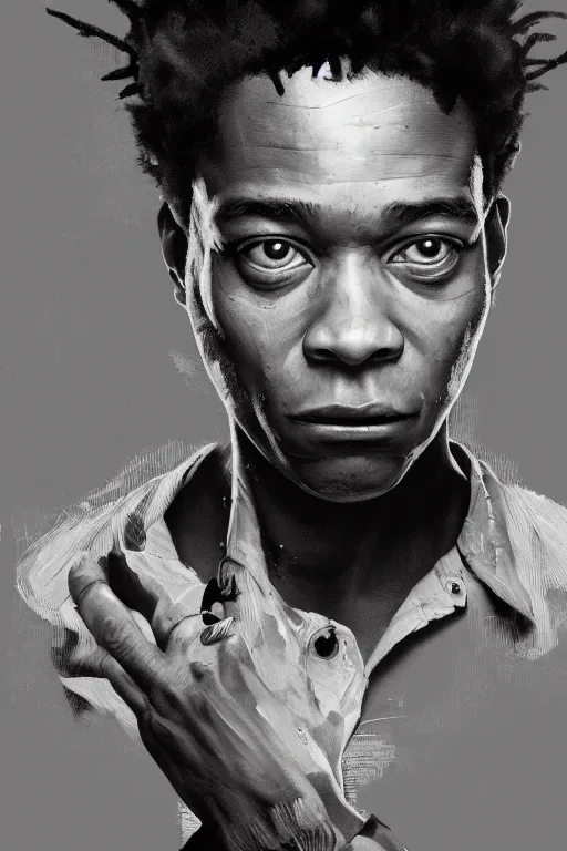 Image similar to ultra realistic illustration, jean basquiat, staring directly into camera, intricate, elegant, highly detailed, digital painting, artstation, concept art, smooth, sharp focus, illustration, art by artgerm and greg rutkowski and alphonse mucha