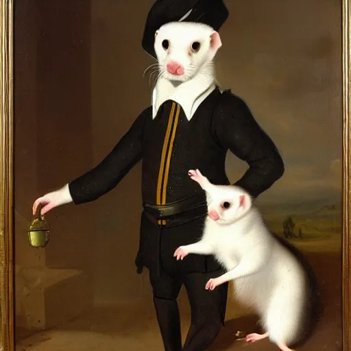 Prompt: Ferret in a general outfit, painted by Jan Willem Pieneman