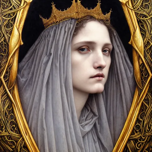 Image similar to detailed realistic beautiful young medieval queen face portrait by jean delville, tom bagshaw, brooke shaden, gustave dore and marco mazzoni, art nouveau, symbolist, visionary, gothic, pre - raphaelite, ornate gilded medieval icon, surreality, ethereal, unearthly, haunting, celestial, neo - gothic, ghostly