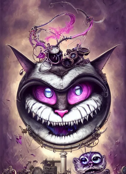 Image similar to cheshire cat, angry, scary, cheeky, steampunk googles, highly detailed, cinematic, 8 k, by megan duncanson, benjamin lacombe, stanley artgermm, tom bagshaw, craig mullins, carne griffiths, ayami kojima, beksinski, giger, trending on deviantart, hyper detailed, horror, full of colour