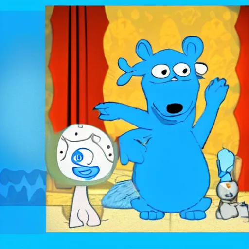 Prompt: screenshot of blue's clues with bloo from foster's home for imaginary friends