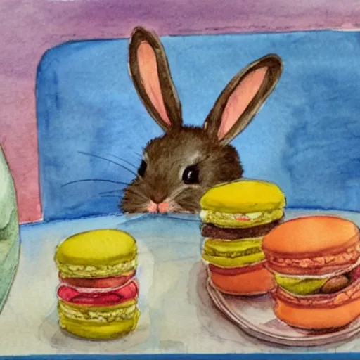 Image similar to A bunny wearing a baker's hat, a plate of macarons on the table. Water Colors, 2017