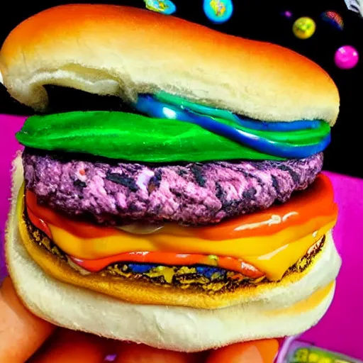 Image similar to a lisa frank cheeseburger