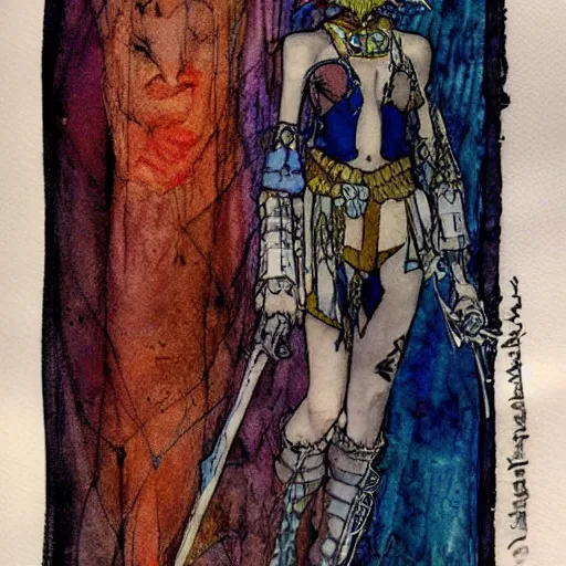 Prompt: watercolor, final fantasy tactics character, barbarian on mars, artwork by harry clarke, shrouded