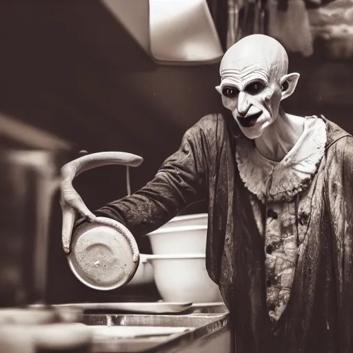 Image similar to portrait of nosferatu washing dishes, realistic detailed photography, 5 0 mm lens