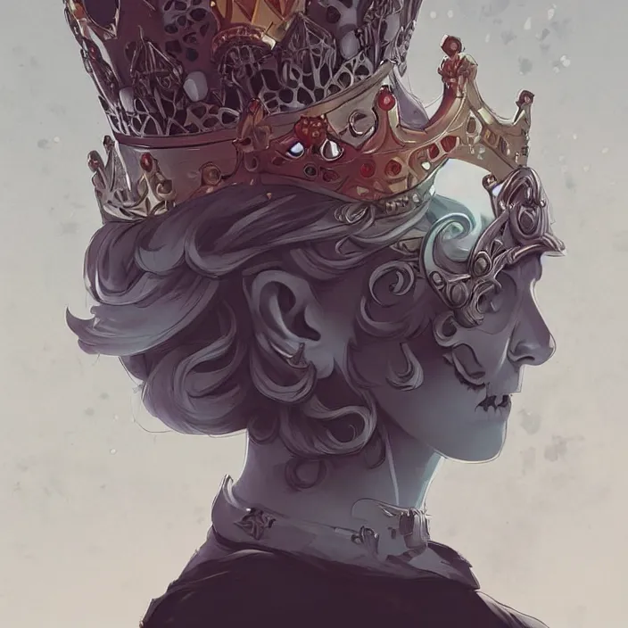 Prompt: a skull with the crown of a king, in the style of artgerm, charlie bowater, sam guay, atey ghailan and mike mignola, vibrant colors and hard shadows and strong rim light, plain background, comic cover art, trending on artstation