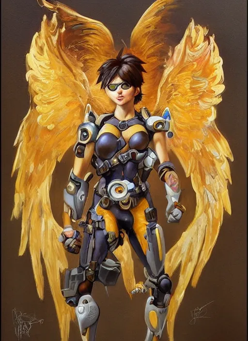 Image similar to full body oil painting of tracer overwatch in the style of frank frazetta, angel wings, angelic golden armor, dramatic painting, symmetrical composition, ornate, golden chains, high detail, gold detailed collar!!!!!, blooming, angelic, lights, flowers, heavenly, bright, detailed face,