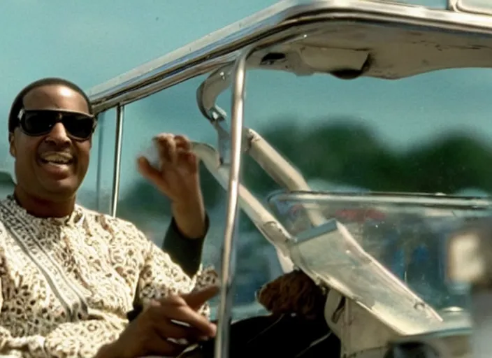 Prompt: film still of Stevie Wonder driving a schoolbus in the new Field of Dreams movie, 8k