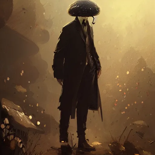 Image similar to a well - dressed mushroom man with a mushroom for a head, dramatic lighting, illustration by greg rutkowski, yoji shinkawa, 4 k, digital art, concept art, trending on artstation