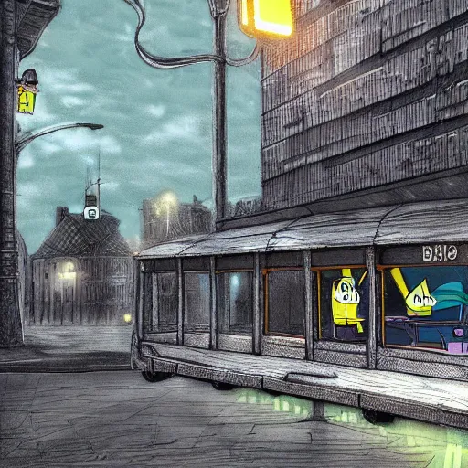 Prompt: dark city bus stop, spongebob background art, very detailed,ArtStation