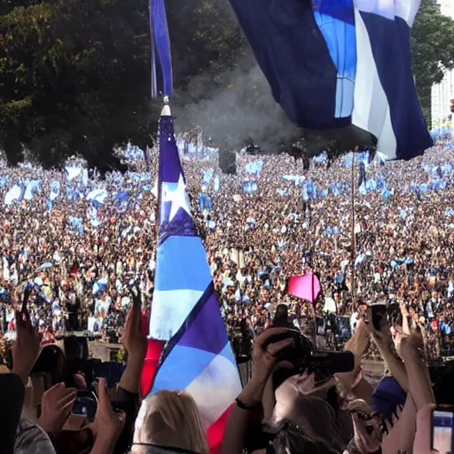 Image similar to Lady Gaga as president, Argentina presidential rally, Argentine flags behind, bokeh, giving a speech, detailed face, Argentina