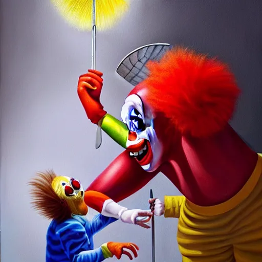 Image similar to hyperrealism painting from the housefly perspective getting swatted at from an angry and sick clown man with a fly swatter in the kitchen