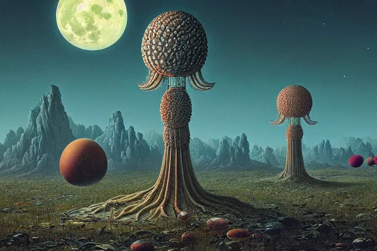 Image similar to a surreal and awe - inspiring science fiction landscape made of food, egg full moon, intricate, elegant, highly detailed matte painting by ernst haeckel and simon stalenhag