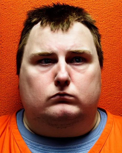 Image similar to prison mugshot of real - life eric cartman, bright flash, orange prison shirt, low saturation, somber expression, filthy hair, rugged textured face, soft vignette, soft focus, 5 0 mm, 4 k, nypd