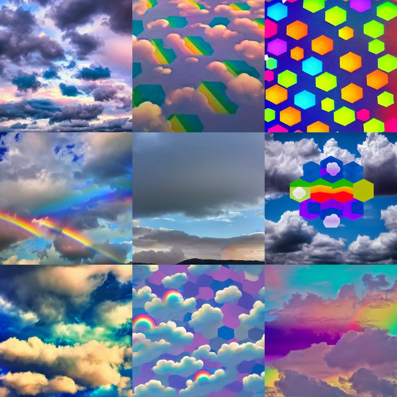 Prompt: the clouds in the sky are rainbow fluffy hexagons