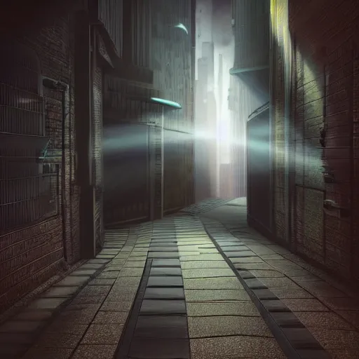 Image similar to futuristic urban city at dusk. figure is obscured by darkness with two bright, shining eyes peering out from the shadows of an alley. cgartist. leading lines. volumetric lighting. god rays.