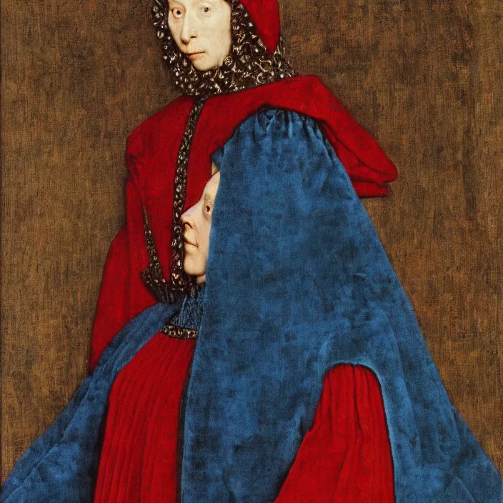 Image similar to woman in medieval armor with the pillow blue monster. jan van eyck