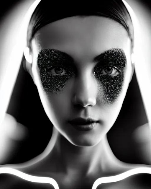 Prompt: black and white dreamy young beautiful female cyborg high quality portrait photo, microchip skin, artificial intelligence, cinematic, rim light, photo - realistic, elegant, high detail, 8 k, masterpiece, photo taken in 1 9 3 0