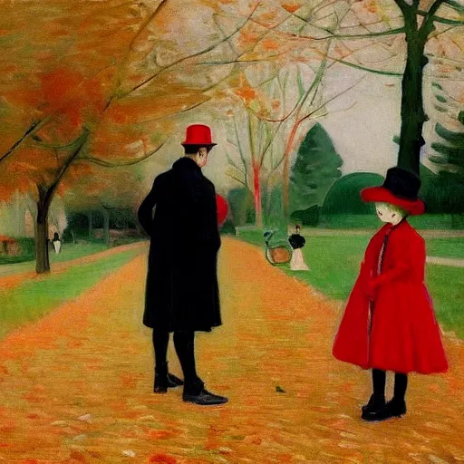 Image similar to a thin man in a black coat and bowler hat talks with small young girl who is dressed in a red coat and a red hat, park, autumn, 1923, wide angle, high detail, in style of Berthe Morisot, 8k, width 768