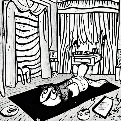 Image similar to cartoon character laying down in a room with black outlining, award winning, digital art, eerie