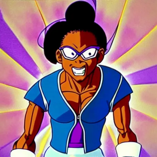 Prompt: “an animation still of Whoopi Goldberg as a character in Dragon Ball Z (1990)”