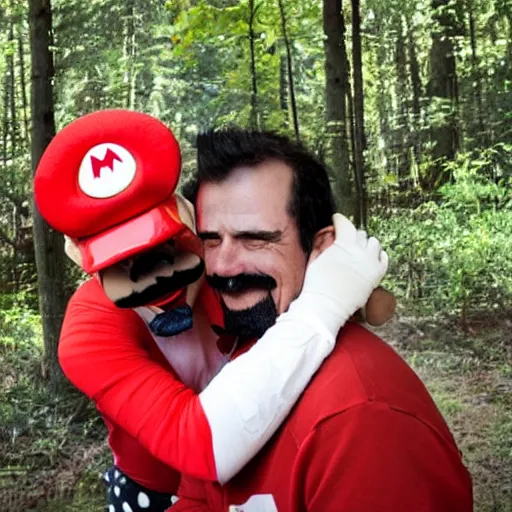 Prompt: italian man with a mustache dressed as mario wearing a solid red mario hat crying tears of joy hugging a red mushroom with white spots, in a forest, photography