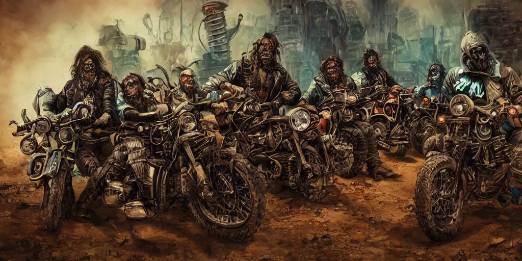 Prompt: psychedelic post apocalyptic orcish biker gang, incredibly detailed motorcycles, sharp focus, psychedelic colors, artstation, cgsociety