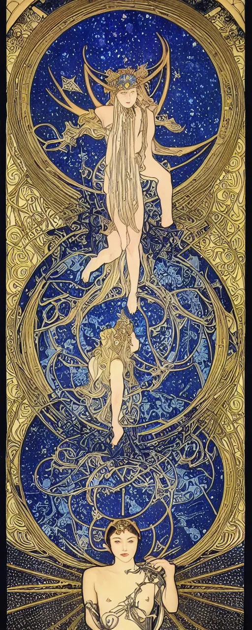 Prompt: the longest night, cloaked dark night, astronomical star constellations and watch gears, traditional moon and candle and tattoo, awardwinning art by sana takeda and alphonse mucha and alex grey, maiden and fool and crone, ultramarine blue and gold, intricate stained glass